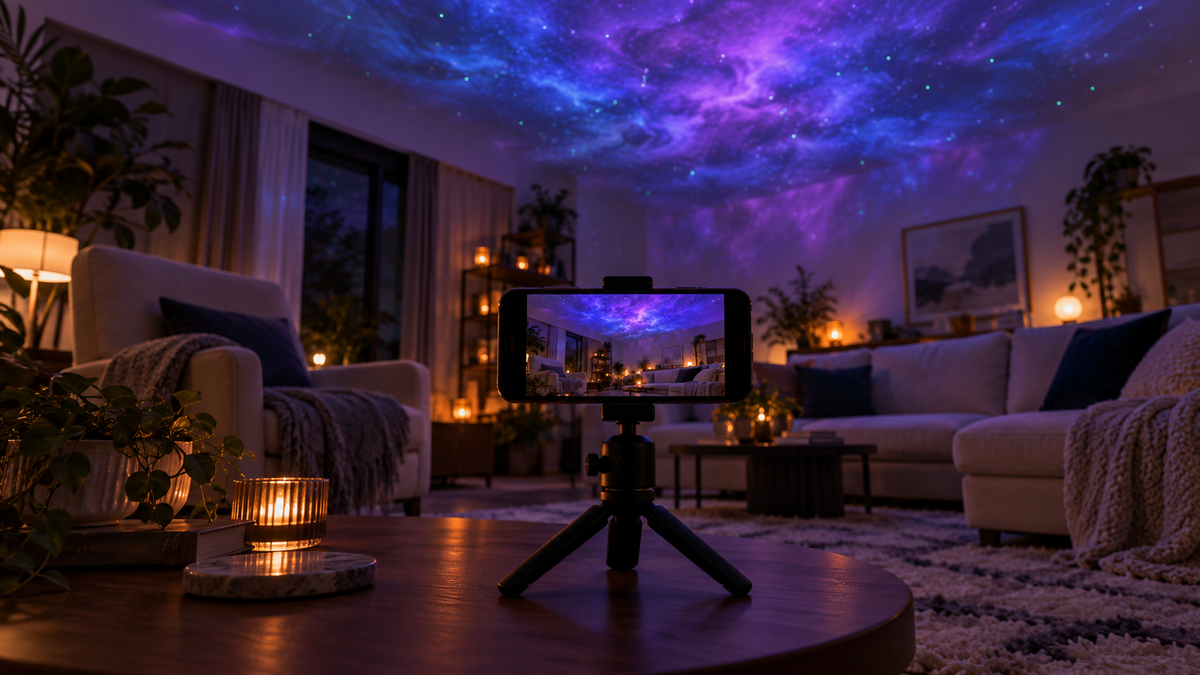 Editorial illustration of a phone on a tripod photographing a violet and blue projector-lit room.