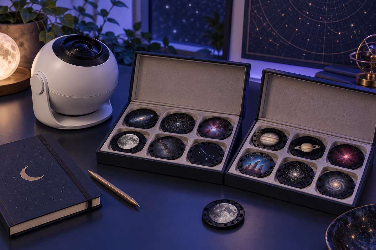 Original illustration of a home planetarium projector beside individually stored astronomy discs.