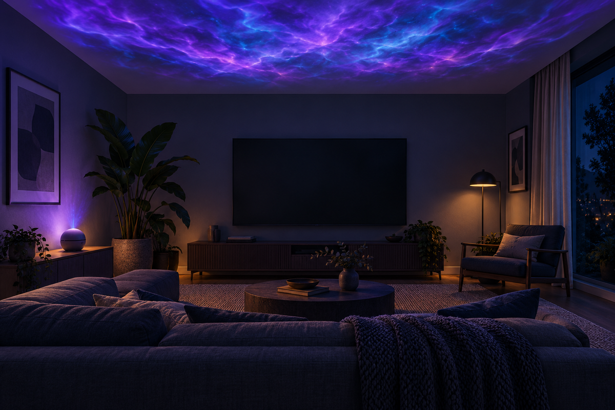 Editorial living-room scene with violet ceiling light above a dark television and a low sofa.