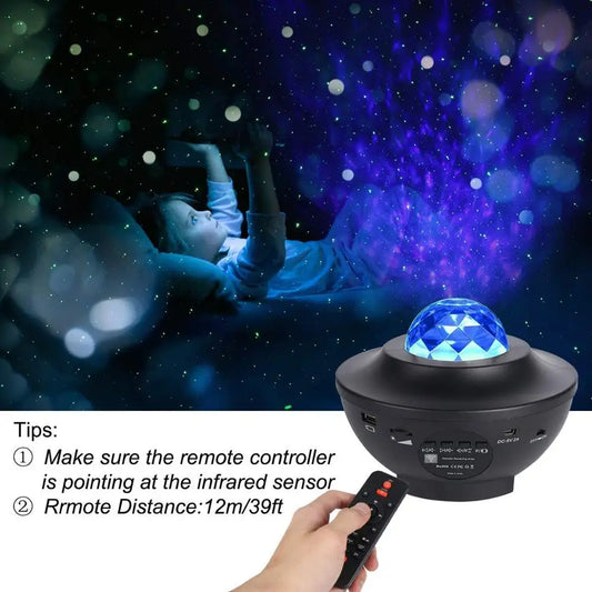 galaxy projector with Bluetooth speaker casting water ripples and green laser stars on a ceiling – view 2