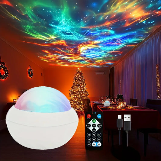 ocean wave projector casting rippling water light and a nebula glow across a bedroom ceiling – view 2