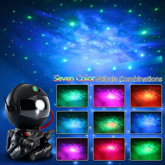astronaut galaxy projector casting nebula clouds and stars across a dark bedroom ceiling – view 2