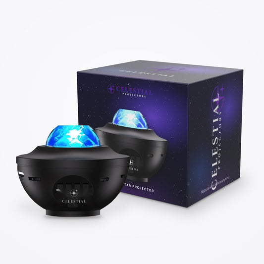 Galaxy Star Projector by Celestial Projectors with its branded gift box