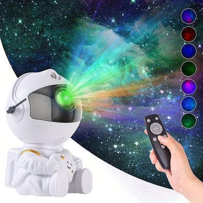 white sitting astronaut nebula projector filling a living room ceiling with colorful nebula clouds – view 4
