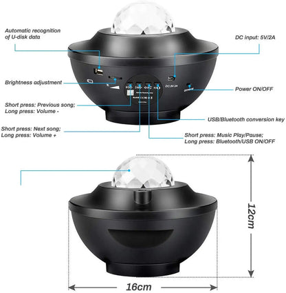 galaxy projector with Bluetooth speaker casting water ripples and green laser stars on a ceiling – view 5
