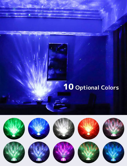 galaxy projector with Bluetooth speaker casting water ripples and green laser stars on a ceiling – view 3
