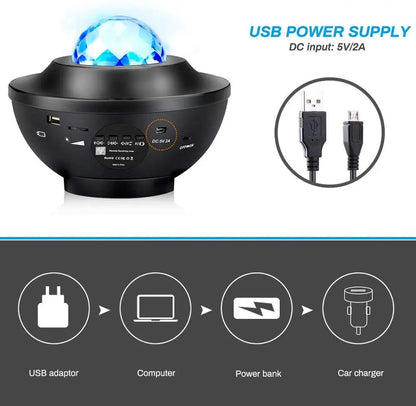 galaxy projector with Bluetooth speaker casting water ripples and green laser stars on a ceiling – view 6