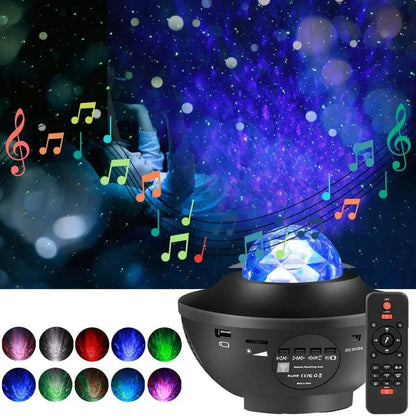 galaxy projector with Bluetooth speaker casting water ripples and green laser stars on a ceiling