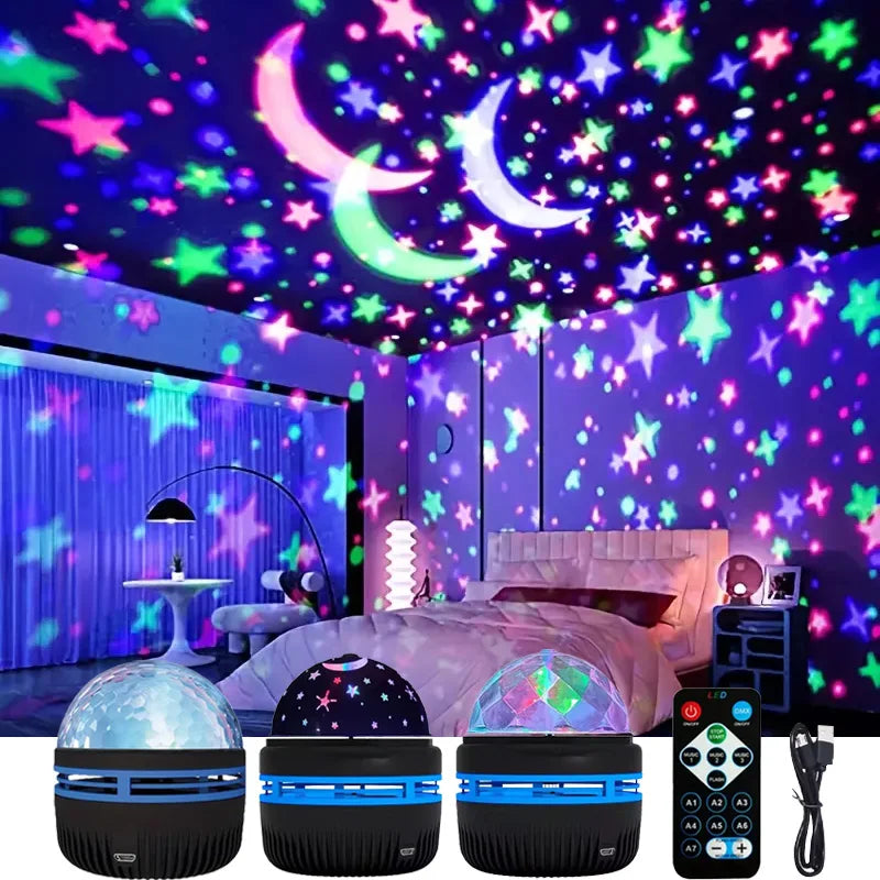 starry night light projector rotating a moon and stars across a child's bedroom ceiling
