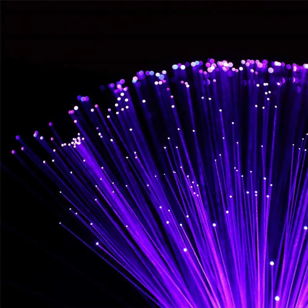 fiber optic sensory lamp with glowing color-changing strands on a nightstand in a dark room – view 5