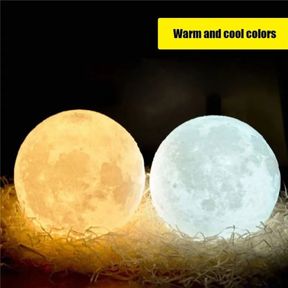 mini 3D moon lamp glowing warm on a small wooden stand beside a bed at night – view 6
