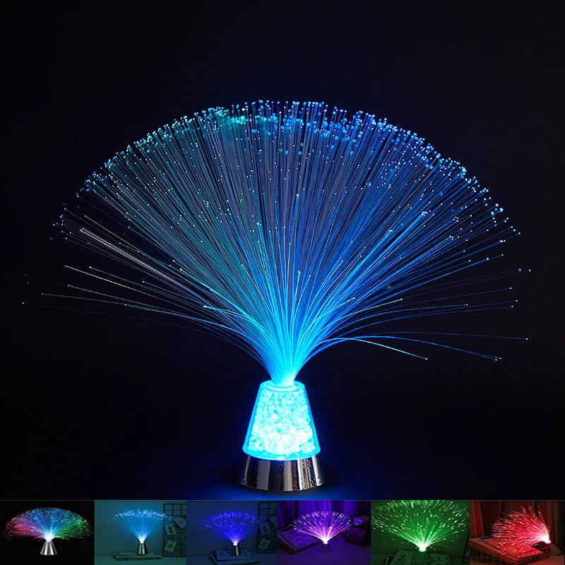 fiber optic sensory lamp with glowing color-changing strands on a nightstand in a dark room – view 7
