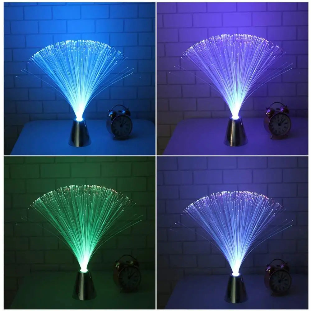 fiber optic sensory lamp with glowing color-changing strands on a nightstand in a dark room – view 6