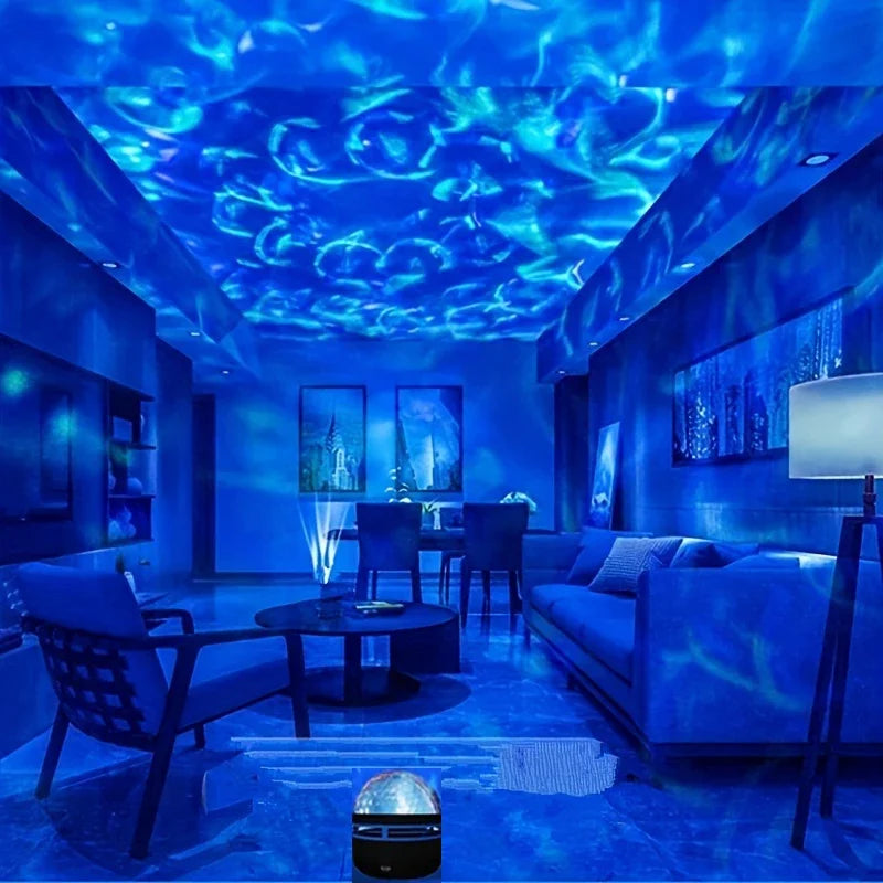 ocean wave projector casting rippling water light across a bedroom wall and ceiling – view 3