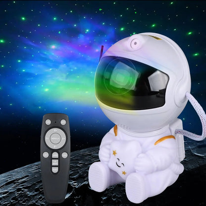 astronaut galaxy projector casting nebula clouds and stars across a dark bedroom ceiling